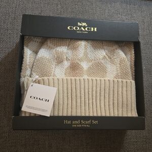 Coach Tan and Cream Hat and Scarf Set